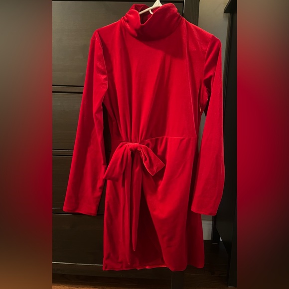 NWOT SHEIN Mock Neck Vibrant Red Velvet Draped Dress, Size Small - Picture 7 of 7